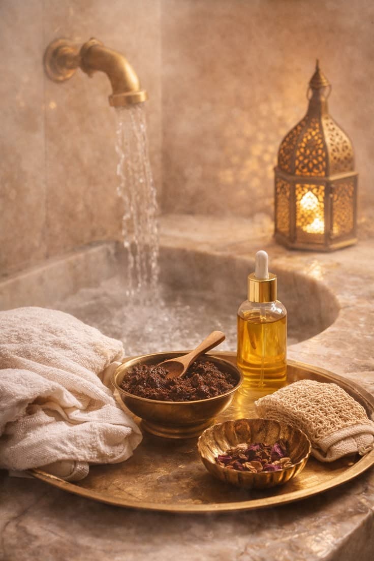 Brass lantern and running water in the hammam, lit by candlelight